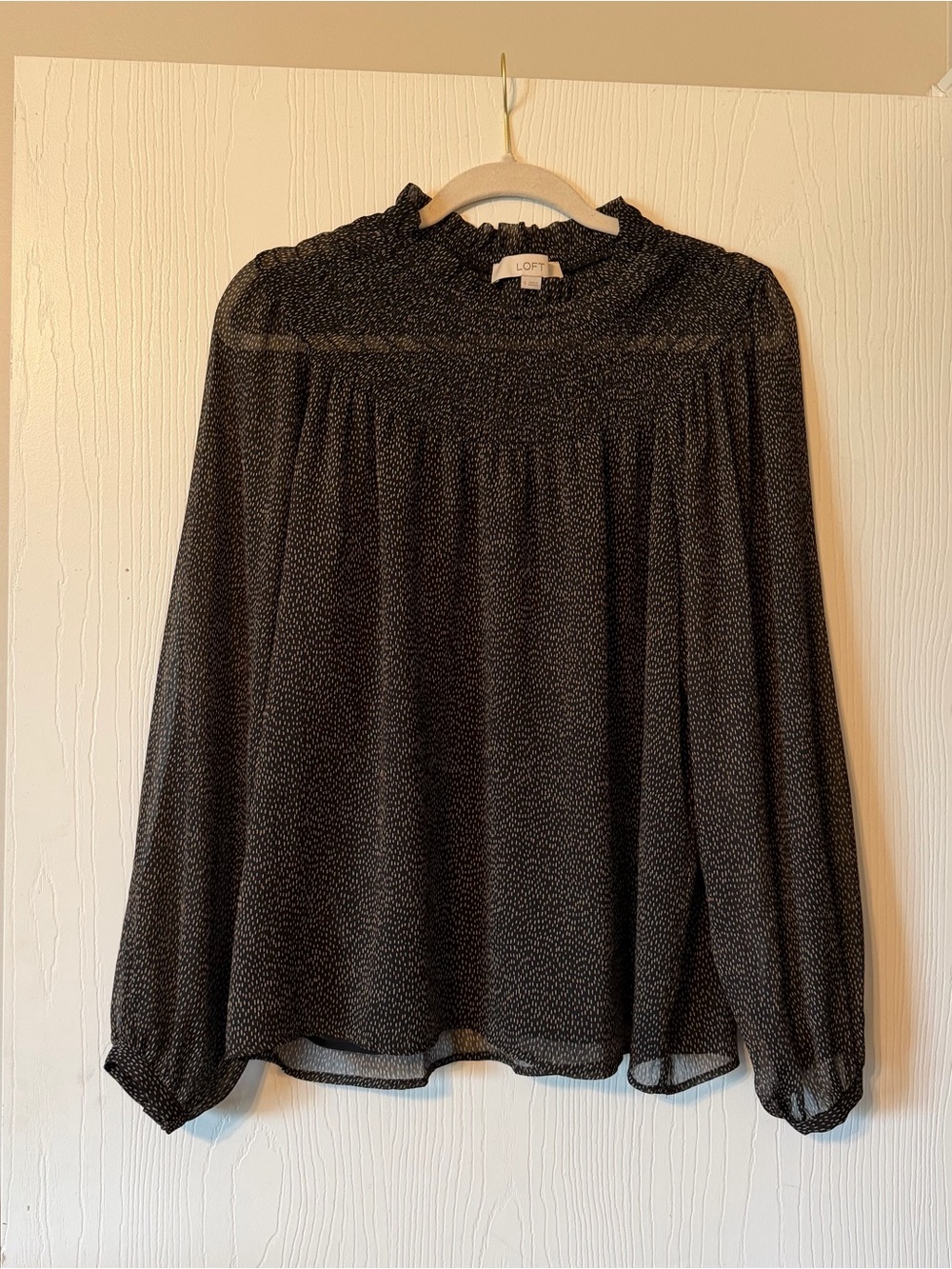 LOFT Black Dot-Print Long-Sleeve Smocked-Neck Blouse